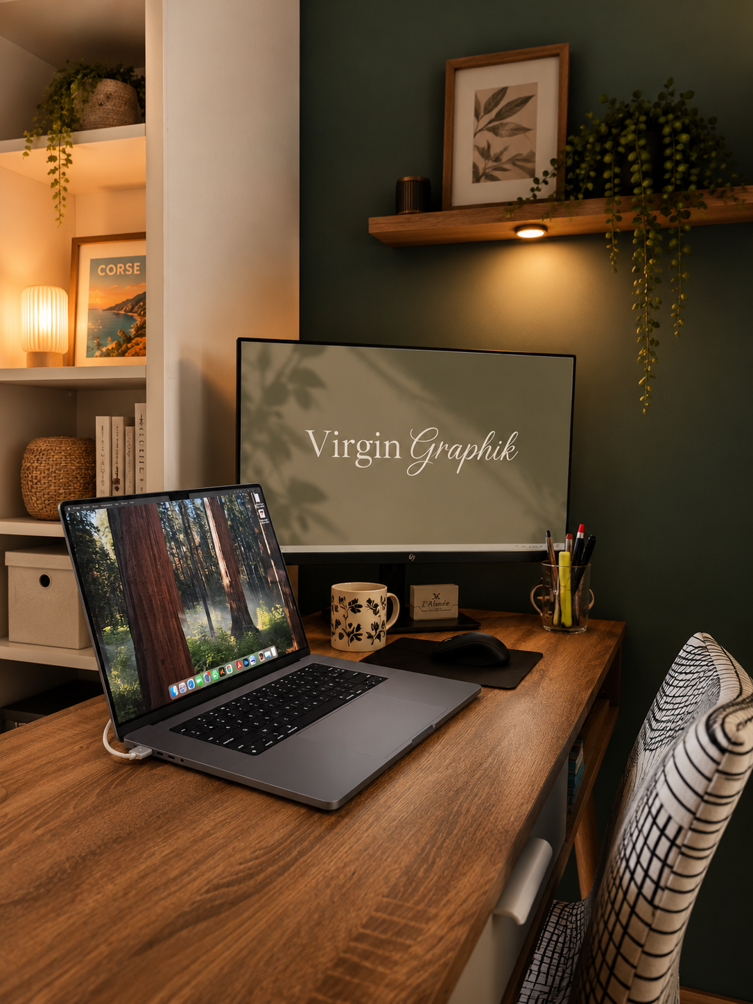 Bureau de création Virgin Graphik avec un logo en cours de conception à l'écran